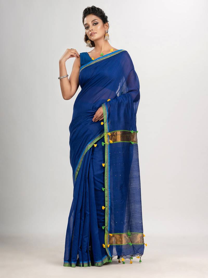 Blue cotton blend with pompom handloom saree