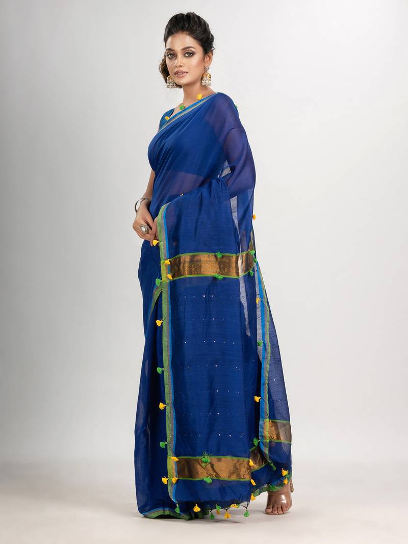 Blue cotton blend with pompom handloom saree