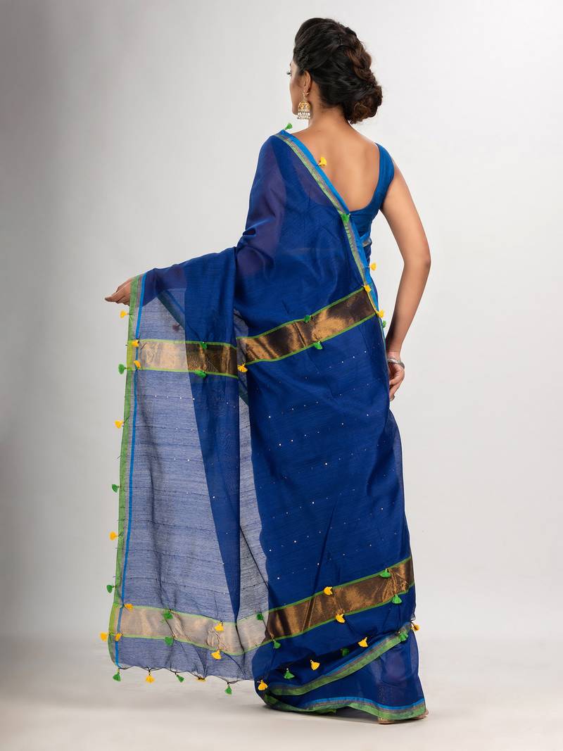 Blue cotton blend with pompom handloom saree