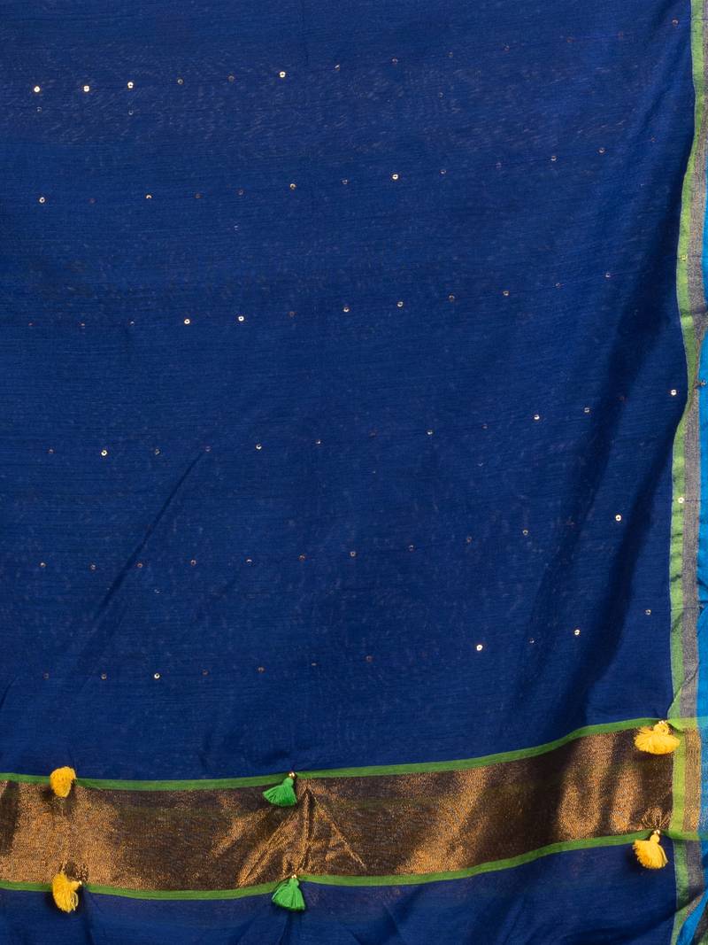 Blue cotton blend with pompom handloom saree