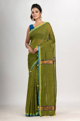 Olive green cotton blend with pompom handloom saree