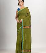 Olive green cotton blend with pompom handloom saree