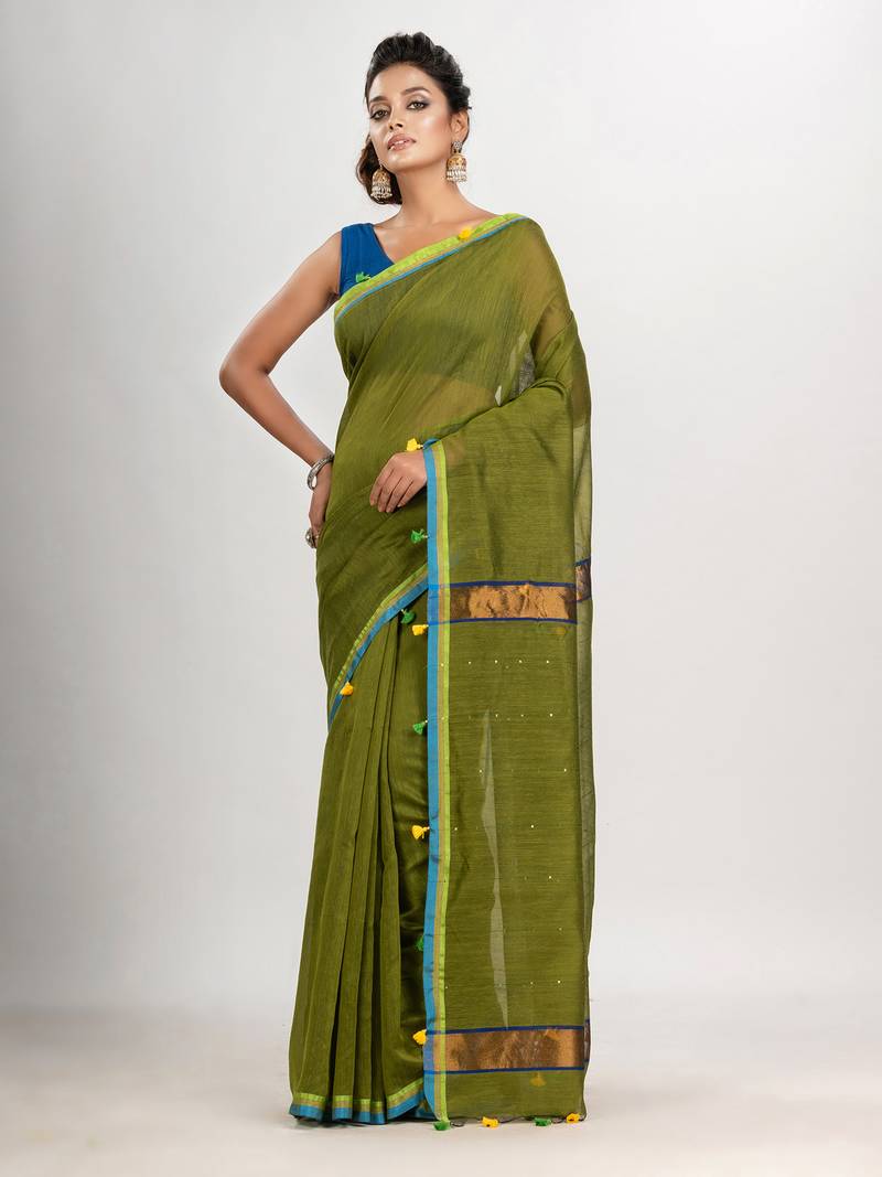 Olive green cotton blend with pompom handloom saree