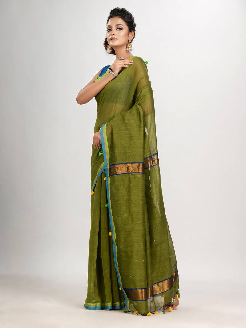 Olive green cotton blend with pompom handloom saree