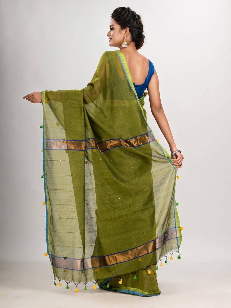Olive green cotton blend with pompom handloom saree