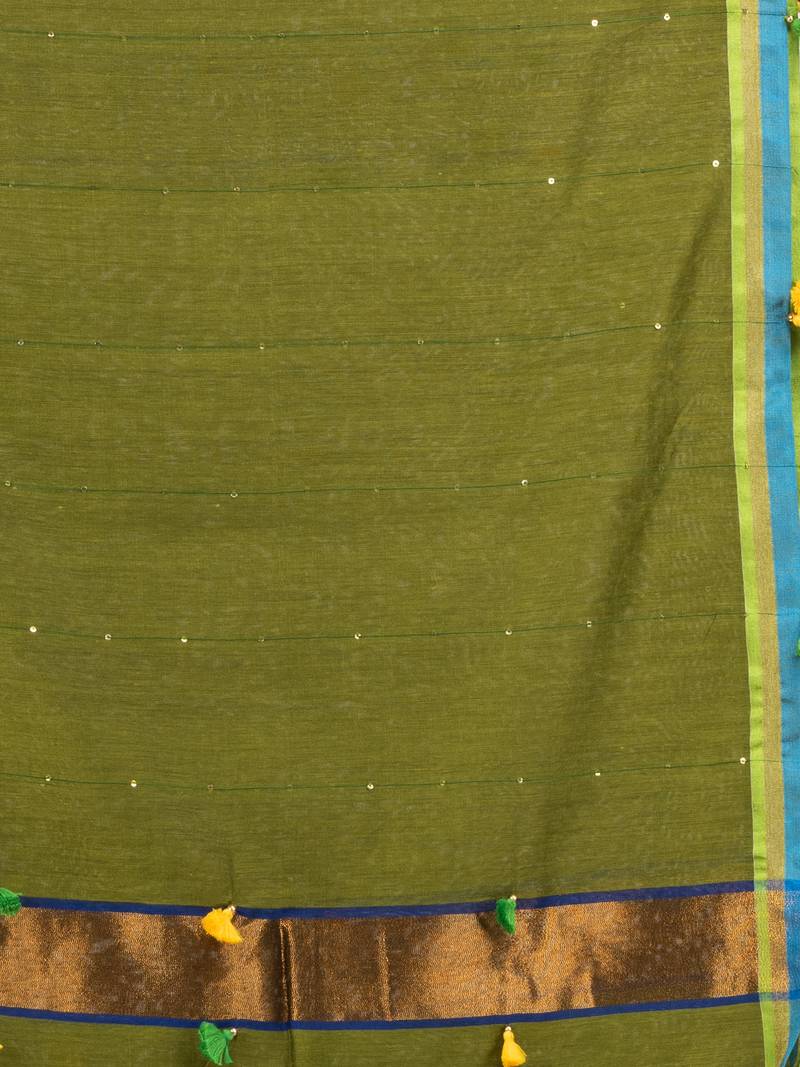Olive green cotton blend with pompom handloom saree