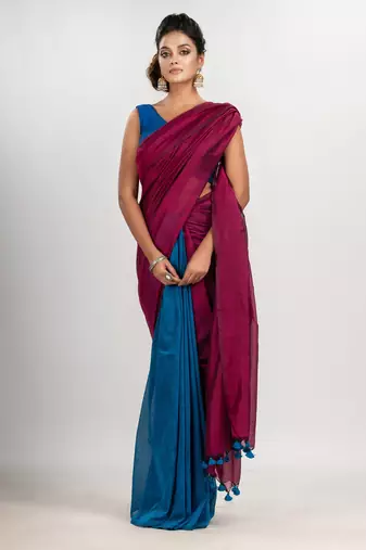 Magenta &Auqa blue cotton half and half molmol handloom saree