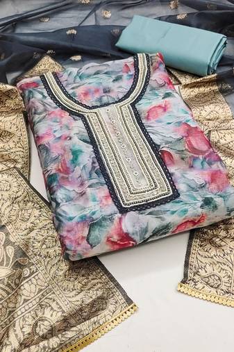 Women's multi unstitched  handwork,digital print  with banarasi woven dupatta organza dress material (msmfc11286c)
