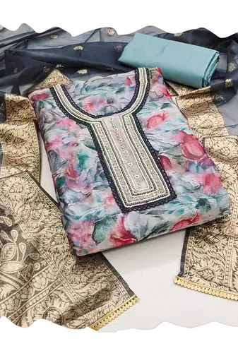 Women's multi handwork,digital print with banarasi woven dupatta organza dress material