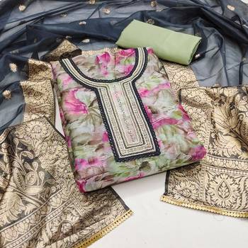 Women's multi handwork,digital print with banarasi woven dupatta organza dress material 1