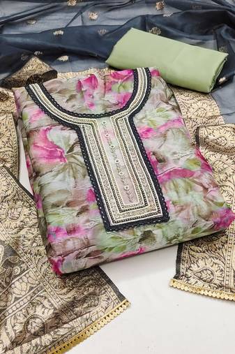 Women's multi unstitched  handwork,digital print  with banarasi woven dupatta organza dress material (msmfc11286d)