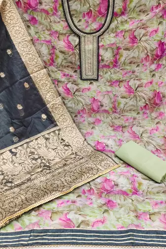 Women's multi handwork,digital print with banarasi woven dupatta organza dress material