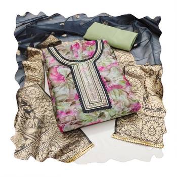 Women's multi handwork,digital print with banarasi woven dupatta organza dress material 3