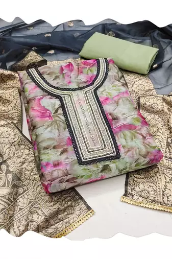Women's multi handwork,digital print with banarasi woven dupatta organza dress material