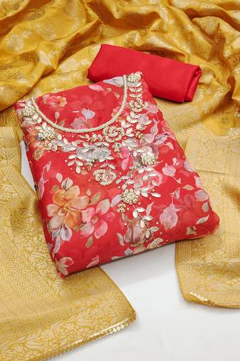 Women's red unstitched  handwork,digital print  with banarasi woven dupatta organza dress material (msmfc11287a)