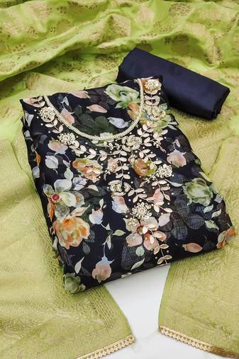 Women's blue unstitched  handwork,digital print  with banarasi woven dupatta organza dress material (msmfc11287b)