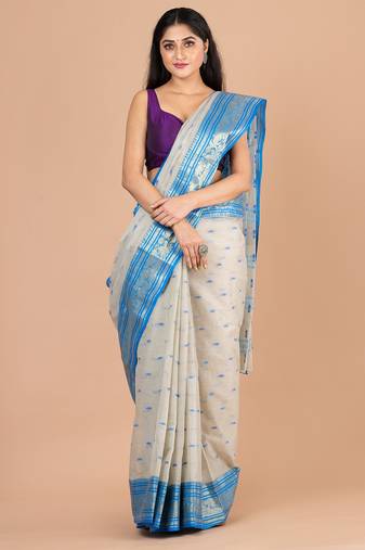 Beige & Blue Cotton Tant Traditional Sarees Without Blouse
