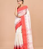 White & Red cotton tant traditional sarees without blouse