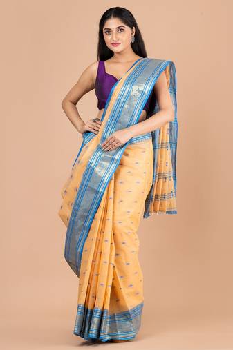 Beige & Blue Cotton Tant Traditional Sarees Without Blouse