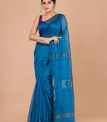 Cyan sequins silk handloom sarees with blouse