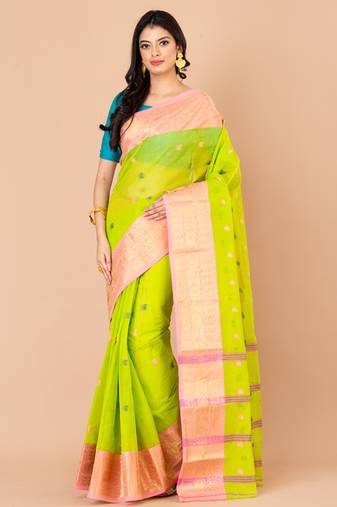 Green & Pink Cotton Tant Traditional Sarees Without Blouse