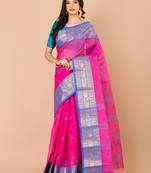 Pink & Blue Cotton Tant Traditional Sarees Without Blouse