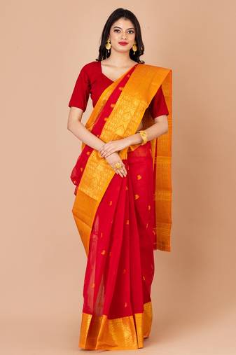 Red & Orange Cotton Tant Traditional Sarees Without Blouse
