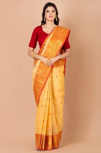 Beige & Red Cotton Tant Traditional Sarees Without Blouse