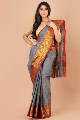 Grey & Maroon cotton tant traditional sarees without blouse