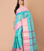 Sea Green & Pink Cotton Tant Traditional Sarees Without Blouse