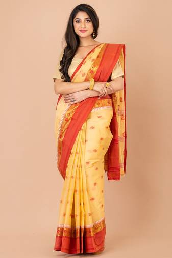 Beige & Red Cotton Tant Traditional Sarees Without Blouse