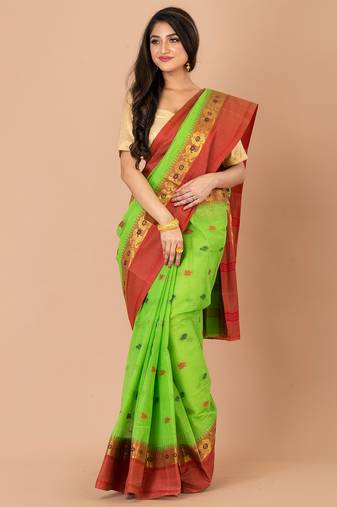 Green & Red Cotton Tant Traditional Sarees Without Blouse