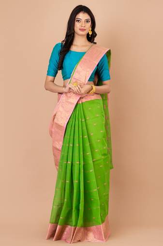 Green & Pink Cotton Tant Traditional Sarees Without Blouse