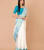 White & Sky blue cotton tant traditional sarees without blouse
