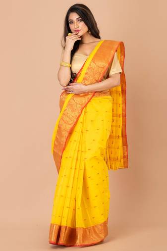 Yellow & Red Cotton Tant Traditional Sarees Without Blouse