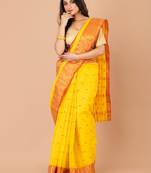 Yellow & Red Cotton Tant Traditional Sarees Without Blouse