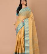 Beige & Sky Blue Cotton Tant Traditional Sarees Without Blouse