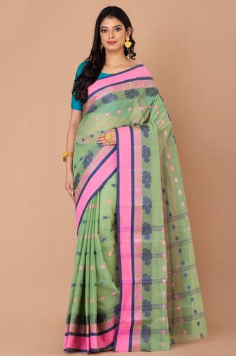 Pista green & Multi cotton tant traditional sarees without blouse