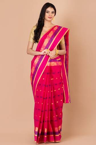 Hot Pink & Multi Cotton Tant Traditional Sarees Without Blouse