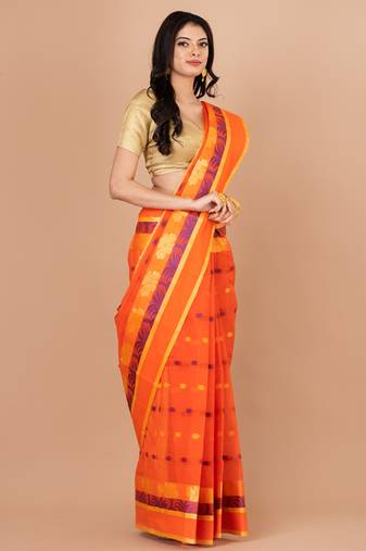 Orange & Blue Cotton Tant Traditional Sarees Without Blouse
