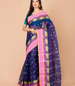 Navy Blue & Pink Cotton Tant Traditional Sarees Without Blouse