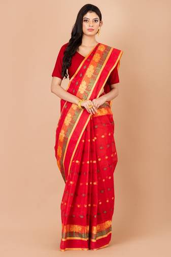 Red & Multi cotton tant traditional sarees without blouse