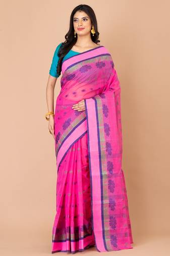 Pink & Blue Cotton Tant Traditional Sarees Without Blouse