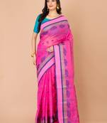 Pink & Blue Cotton Tant Traditional Sarees Without Blouse