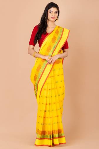 Yellow & Multi Cotton Tant Traditional Sarees Without Blouse