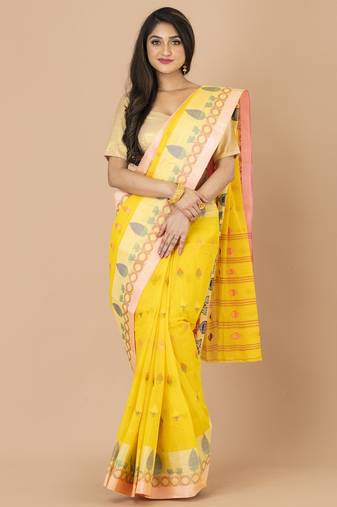 Yellow & Multi Cotton Tant Traditional Sarees Without Blouse