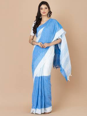 White & Sky blue cotton bengal handloom sarees with blouse 1