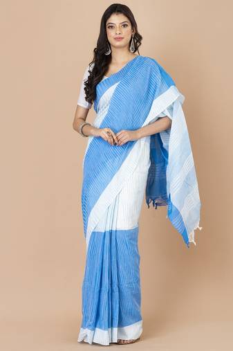 White & Sky blue cotton bengal handloom sarees with blouse