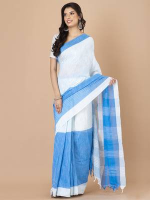 White & Sky blue cotton bengal handloom sarees with blouse 2