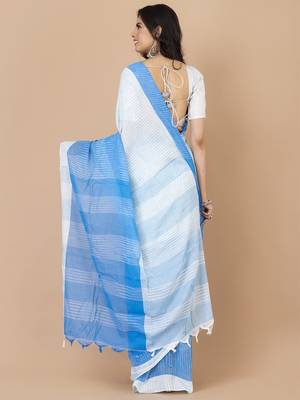 White & Sky blue cotton bengal handloom sarees with blouse 3